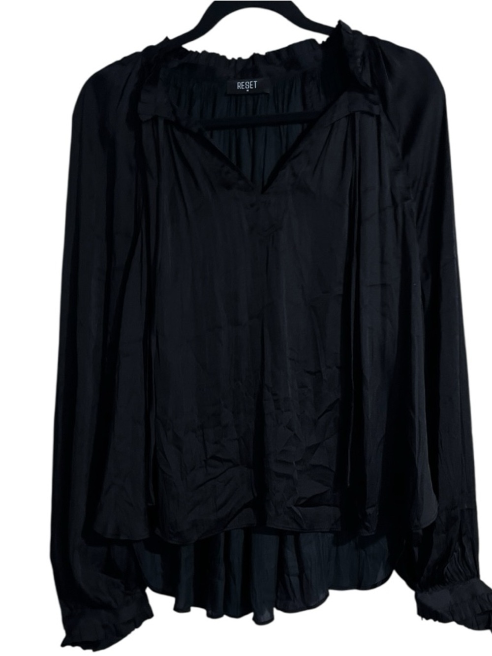Reset Peasant Satin Balloon Sleeve Flowy Whimsy Blouse Top Medium Black